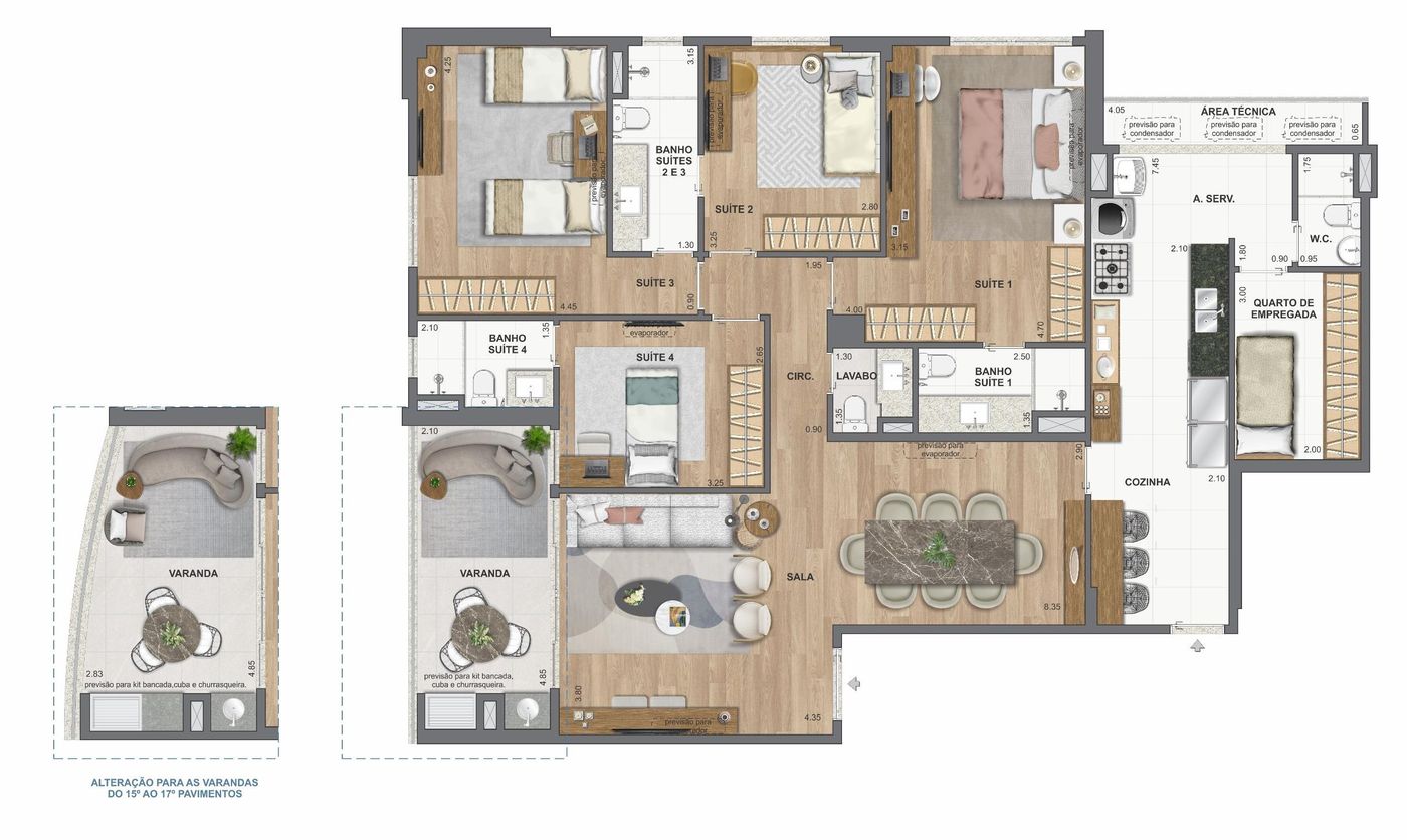Planta do apartamento tipo, colunas 1 e 4